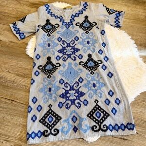 Rose and Rose Embroidered Shift Dress Stripe Cotton Small Blue Coastal Preppy